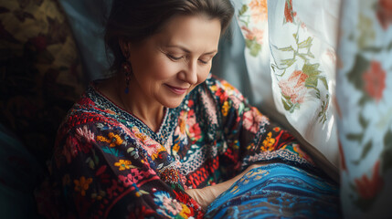 A serene woman smiling peacefully while wearing a colorful embroidered shawl, bathed in soft natural light by a floral curtain. Concept of warmth, tradition, and inner peace.