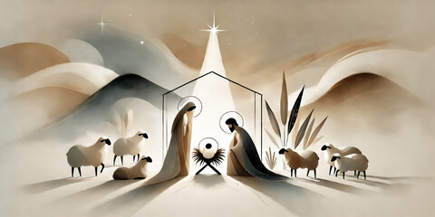 Watercolor painting representing Nativity scene in Bethlehem. Christmas scene illustration showing holy family baby Jesus in the manger Joseph and Mary. Banner copy space