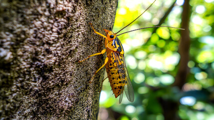 A yellow and black insect with long antennae and transparent wings climbs a tree trunk in a close-up shot.