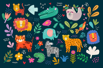 Baby hand drawn design for textile, posters, cards. Baby animals pattern. Fabric baby design. Vector illustration with cute animals. Nursery baby pattern illustration