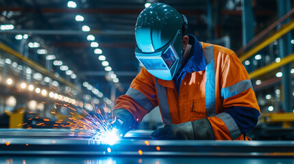 Welding Process in Metalworking Factory with Worker in Safety Gear