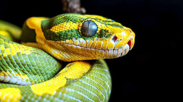 Close-up of a green and yellow snake with black background.