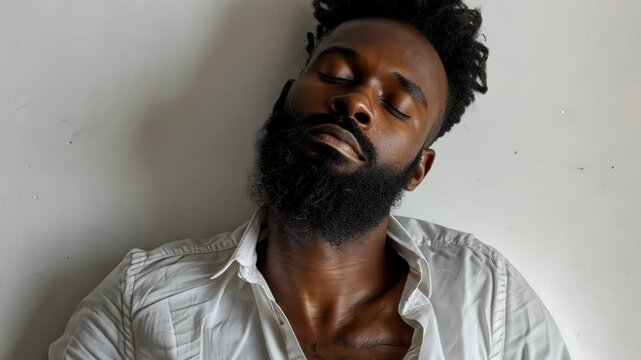 A man with a beard and dreadlocks leans back against a white wall, eyes closed