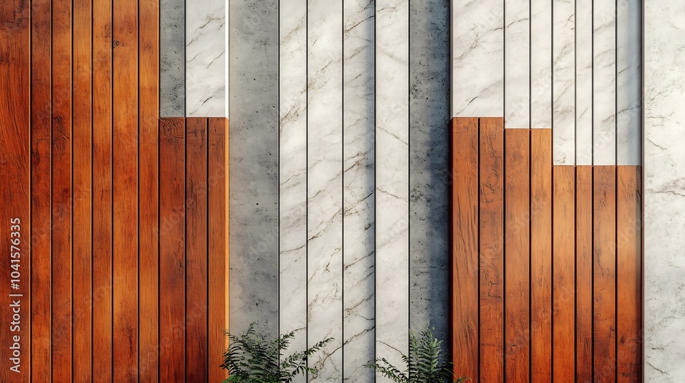 Poster dynamic visual of a striking wall composition that features alternating wooden panels and marble pat