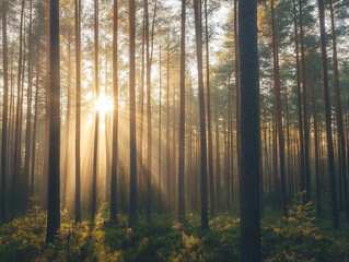 Obraz premium Morning in the forest. A breathtaking and serene forest scene at dawn, captured with soft sunlight streaming through tall trees.The minimalist style enhances the beauty of nature.