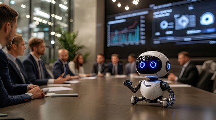 A robot showcases innovative data on a screen while business people engage during a strategic meeting in a high-tech office space