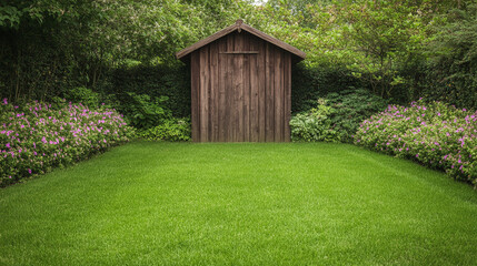 Green Grass, Wooden Shed, and Lush Greenery in a Serene Garden