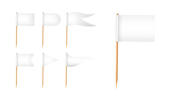 Toothpick flags. Wooden toothpicks with white paper flag. Location mark, map pointer. Vector