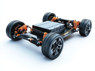 Chassis of Electric Vehicle with Dual Motors and Battery System. 3D Rendering Illustration on White Background