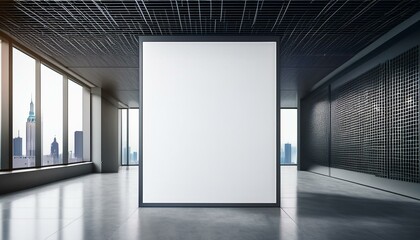 Front view on blank white poster on concrete floor with place for your logo or advertising text on modern office background with grey walls and city view from lattice window. 3D rendering, mock up