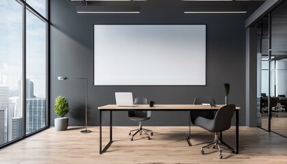 Front view on dark grey wall with place for advertising poster or display in modern open space office with light interior design, table and wooden floor. 3D rendering, mock up