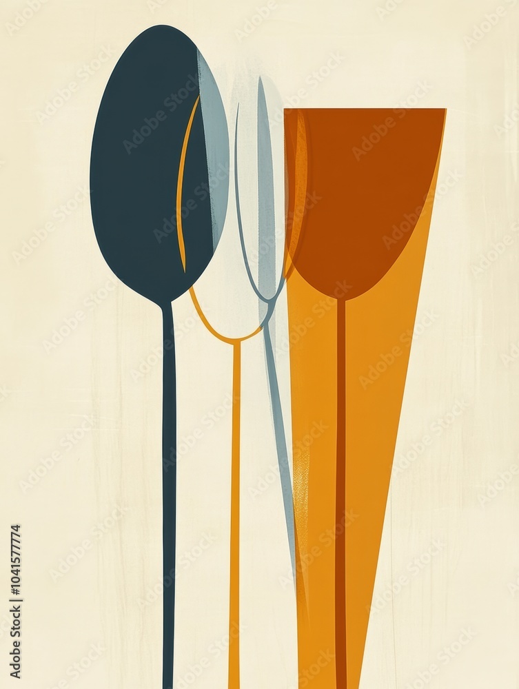 Leinwandbilder Colorful abstract shapes represent a spoon and cup, creating a modern artistic interpretation of kitchen utensils against a soft backdrop. Generative AI