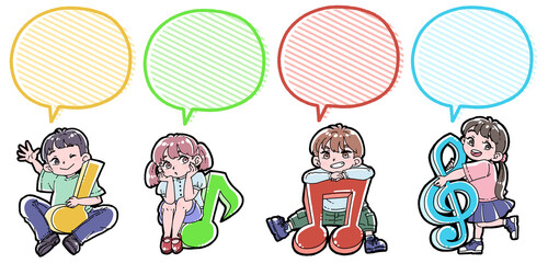 音符と子どもたちのイラスト　吹き出し付き