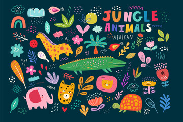 Baby hand drawn design for textile, posters, cards. Baby animals pattern. Fabric baby design. Vector illustration with cute animals. Nursery baby pattern illustration