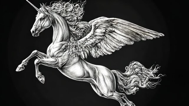 A detailed black and white drawing of a winged unicorn soaring through the air