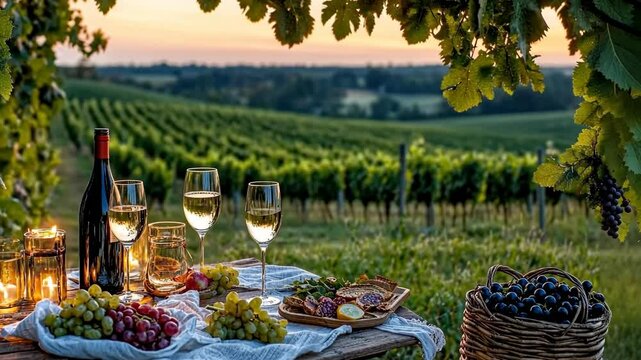 A picnic table set with wine and snacks sits amongst the grapevines of a vineyard at sunset