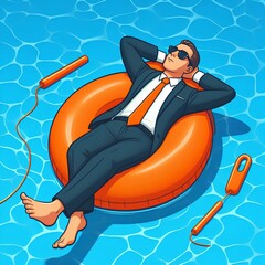A businessman in a suit relaxes on an orange pool float, symbolizing the balance between work and self-care in corporate wellness.