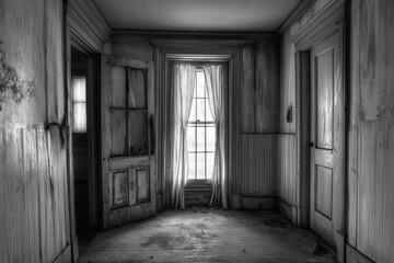 Creepy Haunted House Interior. Dark Abandoned Building with Old Wall and Windows