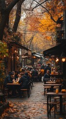 Naklejka premium Autumn Cafe Scene with People Sitting at Tables Under Golden Leaves