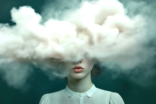 Woman with cloudy cotton wool head experiencing brain fog, menopause symptoms, overheating foggy thoughts, memory loss.