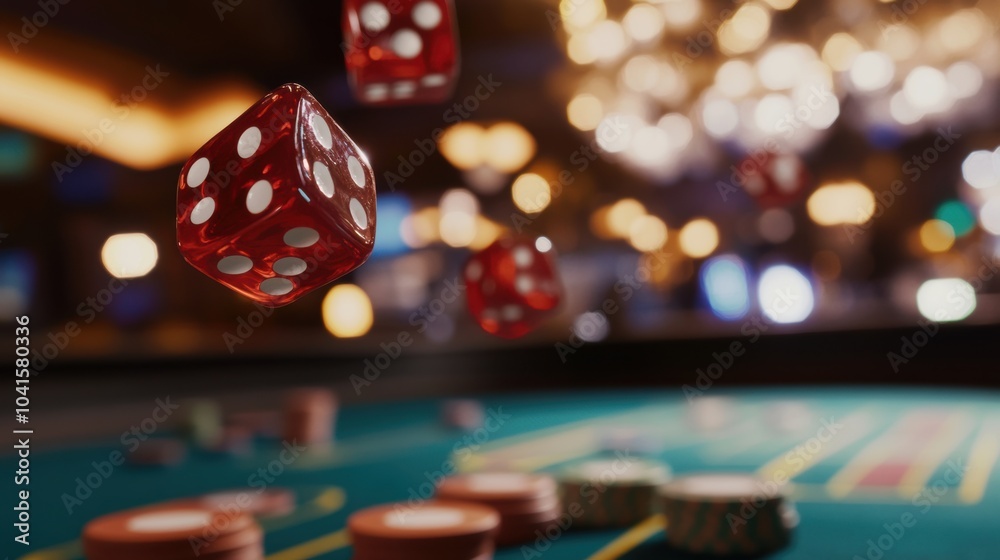 Aufkleber red dice fly above a craps table, while scattered poker chips create an exciting atmosphere in the c