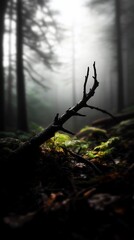A single branch lying on the forest floor, surrounded by moss, with a misty background.