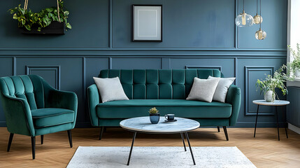 Green Velvet Sofa with White Pillows in a Modern Living Room