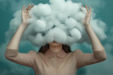 Woman with cloudy cotton wool head experiencing brain fog, menopause symptoms, overheating foggy thoughts, memory loss.