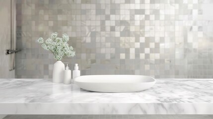 Empty white marble table top with blur tile wall bathroom background - a serene and elegant sight. This image showcases an empty white marble table top against a blurred tile wall in a bathroom