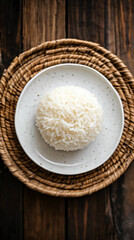 Perfectly steamed plate of white rice rests on a wicker placemat on a rustic wooden table
