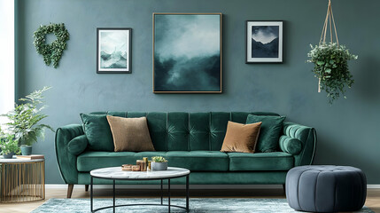 Green Velvet Sofa Decorated with Plants and Artwork for a Modern Living Room