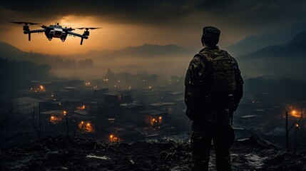In the Military Staging Base Army Engineer and Soldiers Operate Military Grade Industrial Drone for their Reconnaisance Surveillance Mission Operation. Theater of Operation is in Forest Area.
