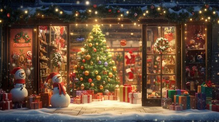 Fototapeta premium Festive window display featuring a beautifully decorated Christmas tree surrounded by gifts, snowmen, and twinkling lights, creating a warm and inviting holiday atmosphere.