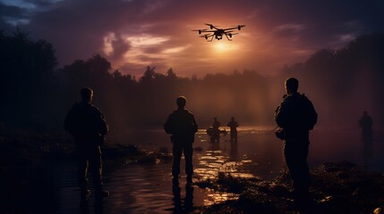 In the Military Staging Base Army Engineer and Soldiers Operate Military Grade Industrial Drone for their Reconnaisance Surveillance Mission Operation. Theater of Operation is in Forest Area.