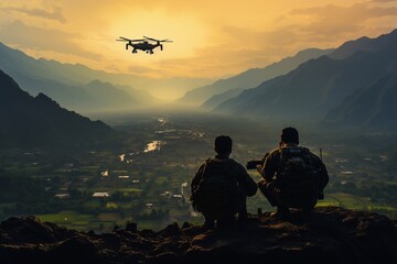In the Military Staging Base Army Engineer and Soldiers Operate Military Grade Industrial Drone for their Reconnaisance Surveillance Mission Operation. Theater of Operation is in Forest Area.