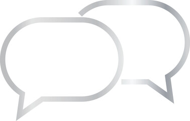 Two overlapping 3x2 aspect ratio silver metallic speech bubbles with oval shape. Blank outline message bubbles with sharp, downward-pointing triangular tail on the left on transparent background.