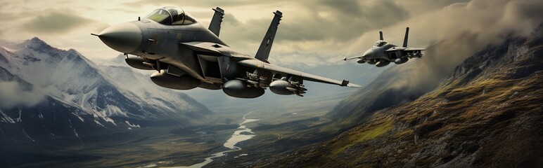 Militar aircraft flying over the clouds in amazing sunset