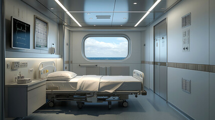 Fototapeta premium Modern hospital room with a view of the ocean.