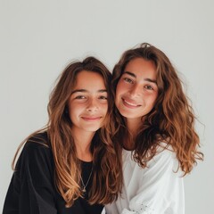 Mother and daughter together smiling on solid minimalism background