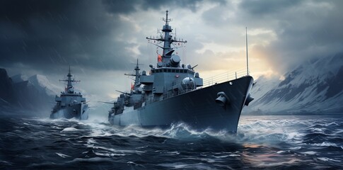 War concept. Night battle scene at sea. Dramatic toned clouds effect. Silhouette of the battle ship in night. Miniature creative table decoration. Selective focus