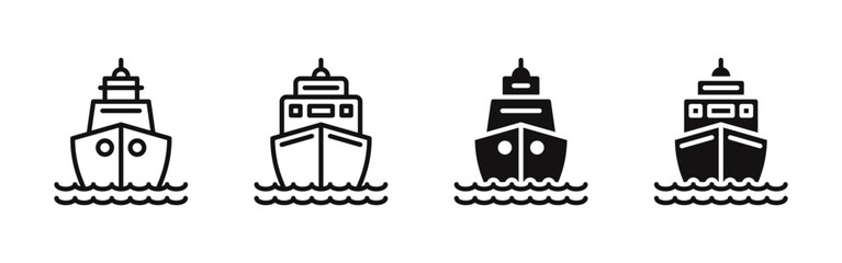 Cargo Ship icons set. Cruise liner, transport, vehicle, boat for sea travel and transportation. Filled and outlined style. Vector illustration.