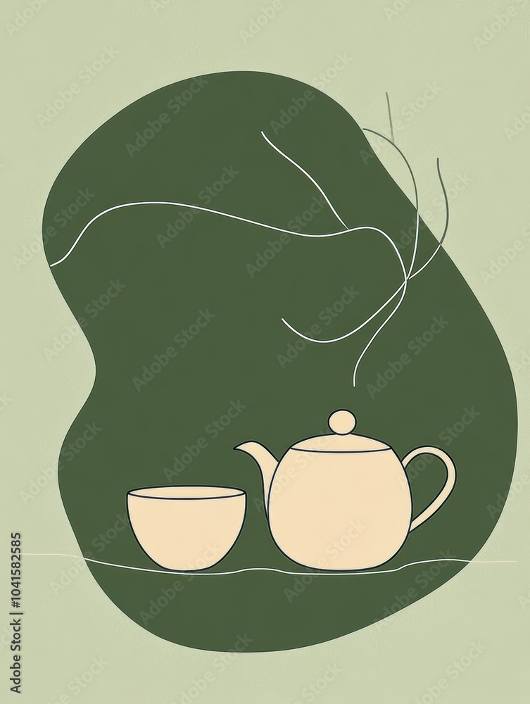 Poster a simple representation of a teapot and cup rests against a soothing green backdrop, evoking a sense
