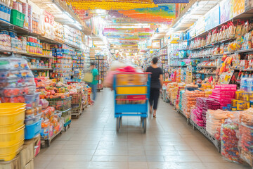 Fototapeta premium A trolley moving quickly through a bustling market, with a sense of fast motion and people shopping around, with copy space. Bright, vibrant lighting. 