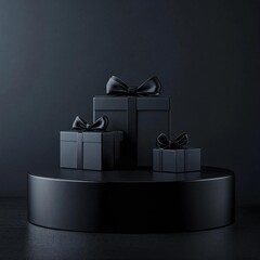 Elegant gift boxes with silk bows on round podium. Dark monochrome composition. Luxury present concept. Premium design background for banner or advertisement