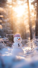 Obraz premium Happy Snowman in Snowy Forest with Sun Shining Through Trees
