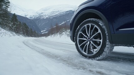 Naklejka premium A blue car equipped with winter tires drives along a snowy road surrounded by a tranquil winter landscape, showcasing tire details