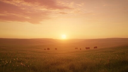 Golden Hour Harmony: Tranquil Wild West Sunset on Prairie with Grazing Cattle and Wildflowers, Cinematic Light