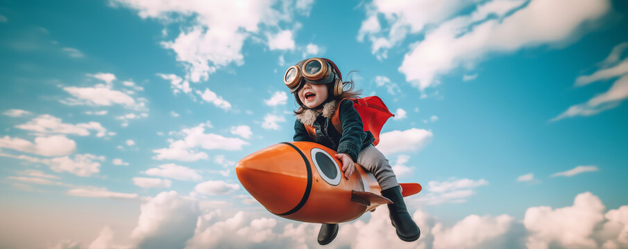 Joyful child dressed as a pilot flying on a toy rocket through the sky, symbolizing ambition, imagination, and limitless dreams