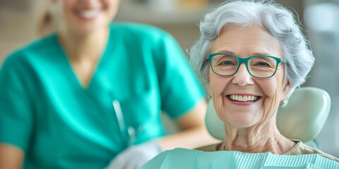 Elderly woman with gray hair and glasses smiling confidently in a dental chair, highlighting senior healthcare, dental care, and wellness services in a bright, friendly clinic environment