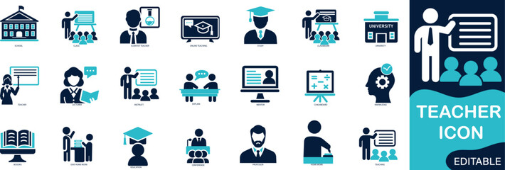  Teacher icon set solid flat vector icons collection.